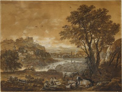 A Landscape with Shepherds Resting Under a Tree by a Cascade by Francesco Zuccarelli